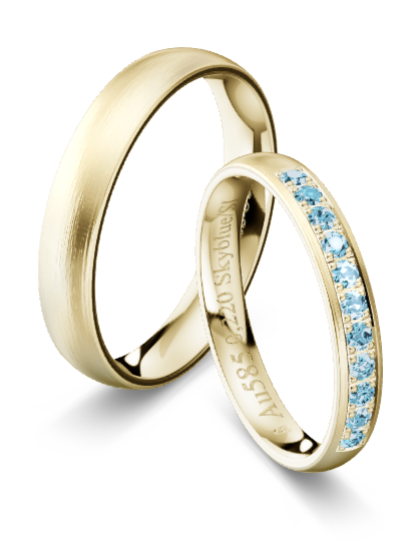 Trauringe Champagnergold 585 längsmatt, 0,22ct Brillanten Skyblue/SI KT13R